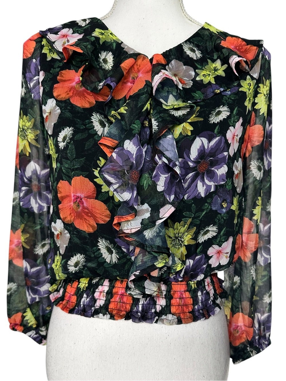 BEBE GIRLS / Floral & Ruffle Sheer Boho Top / Medium / Fairycore Y2K Boho